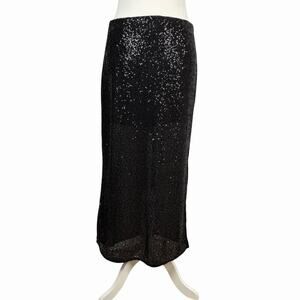 H & M Womens Black Sequin Maxi Pencil Skirt Small Partially Sheer Holiday Party